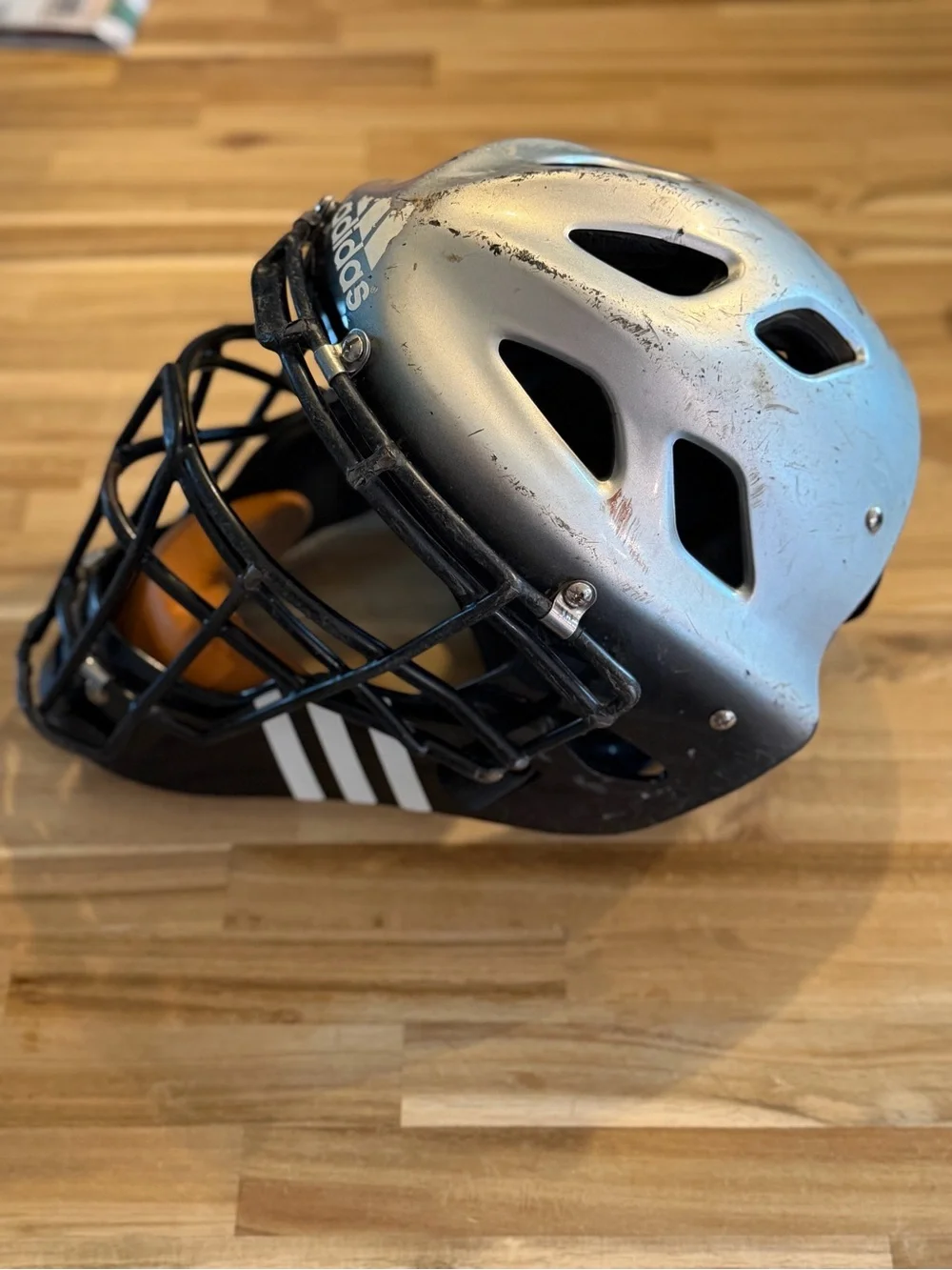 adidas Metallic Silver Catcher Helmet with Black Cage